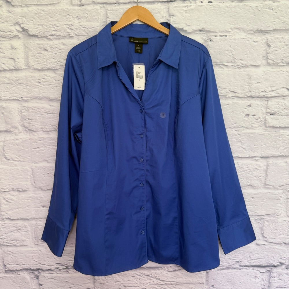 Lane Bryant Button Down Shirt Women 26 Blue Long Sleeve Cotton Stretch Poplin‎